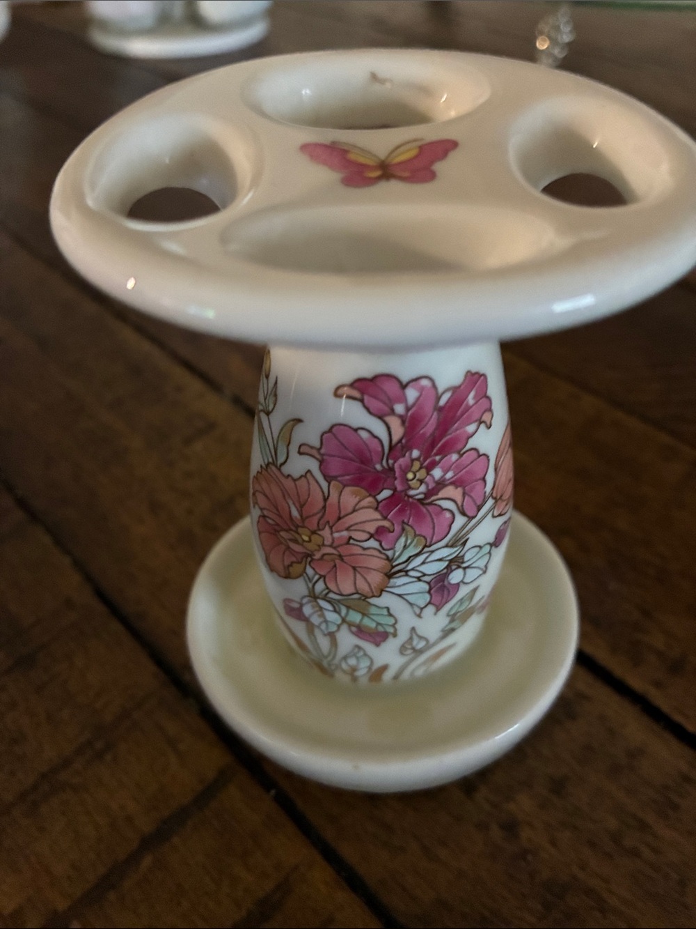 Floral Ceramic Toothpick Holder with Butterfly Accent